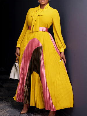 Women's Long Sleeve Tie Neck Pleated Maxi Dress With Belt