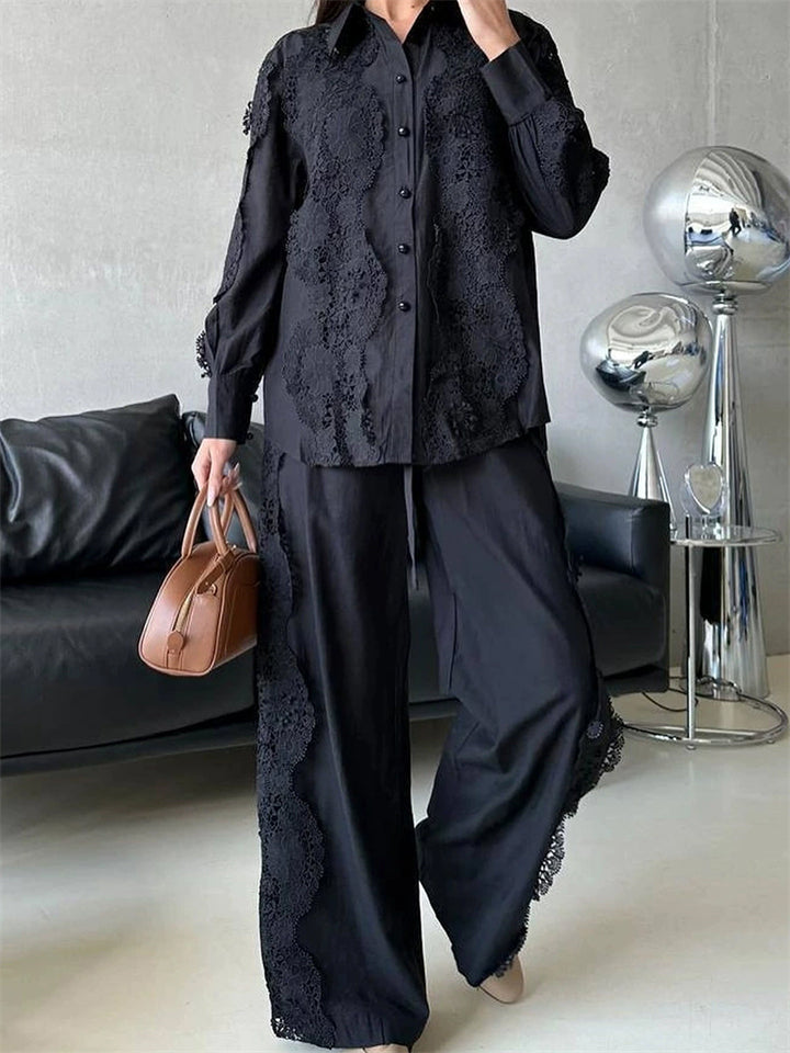 French Style Long Sleeve Elegant Women's Fashion Black Lace Set