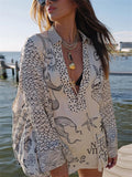 Women's 2pcs Summer Print Long Sleeve Satin Top & Short Pants Set