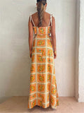 Women's Leisure Orange Square Print Drawstring A-line Dress