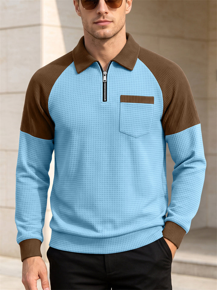 Men Waffle Knit Polo Shirt Zip Up Color Block Long Sleeve Top