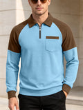 Men Waffle Knit Polo Shirt Zip Up Color Block Long Sleeve Top