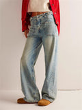 Female Loose Washed Button Trim Jeans with Pockets