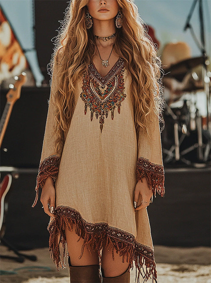 Women's Vintage Printed V Neck Long Sleeve Dress with Fringe Decor