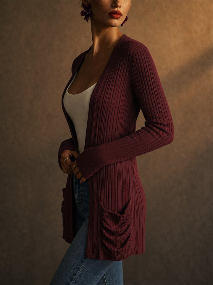 Women Ribbed Knit Open Front Cardigan with Pleated Pockets
