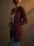 Women Ribbed Knit Open Front Cardigan with Pleated Pockets