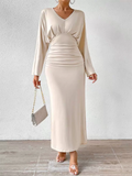 Women's Elegant Solid Color V Neck Long Sleeve Maxi Dress