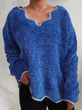 Women's Contrast Trim V Neck Pullover Long Sleeve Sweater