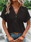 Women's Casual Solid Color Jacquard Button V-neck Pullover T-shirts