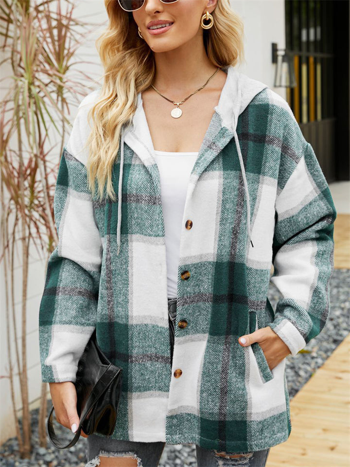 Women's Casual Plaid Long Sleeve Button Up Hooded Coat