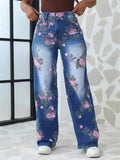 Women's Casual Flowers Print High Waist Wide Leg Denim Pants