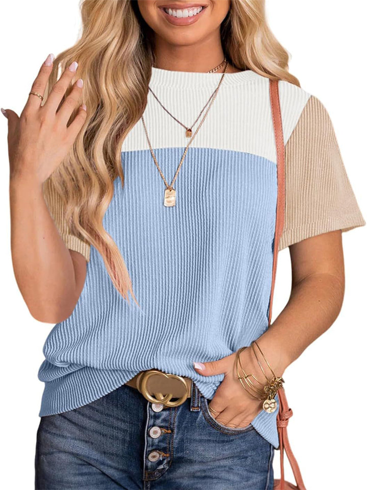 Women's Contrast Color Pullover Patchwork Short Sleeve T-Shirt