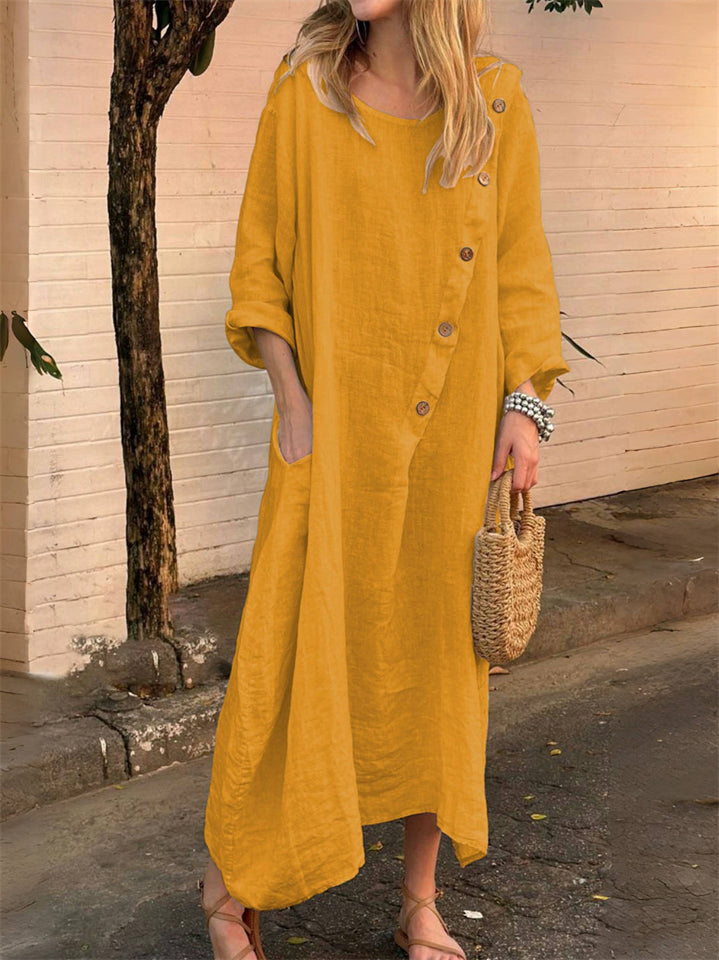 Women's Autumn Loose Round Neck Long-sleeved Solid Color Irregular Dress