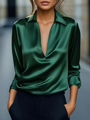Women's Elegant Autumn Solid Color V Neck Long Sleeve Blouses