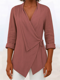 Women's Solid Color V Neck Tie Waist Long Sleeve Blouses