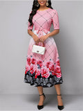 Women's Rose Printed Round Neck Short Sleeve Tie Waist Midi Dress