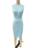 Women's Elegant Trendy Blue Round Neck Zip Up Sleeveless Dress
