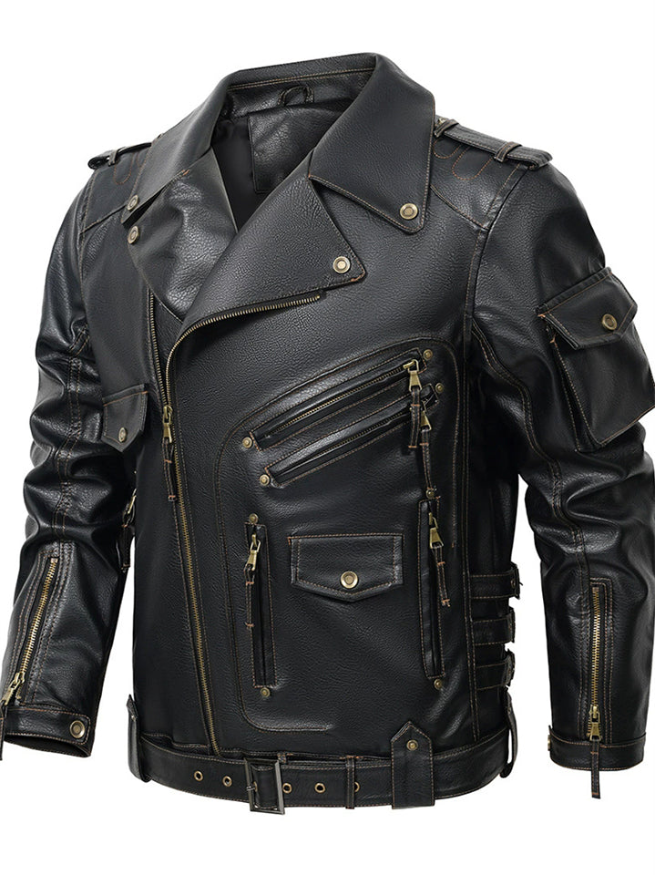 ‌Men's Punk Faux Leather Zippers Lapel Thermal Lined Biker Jackets