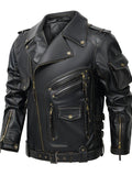 ‌Men's Punk Faux Leather Zippers Lapel Thermal Lined Biker Jackets