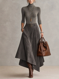Women Turtleneck Top and Faux Suede Asymmetric Maxi Skirt Two Piece Set