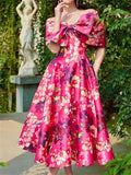 French Style Women's Bow Tie Floral Print Big Hem Midi Dress