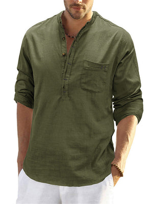 Men's Holiday Patch Pocket Long Sleeve Henry Cotton Linen Shirt