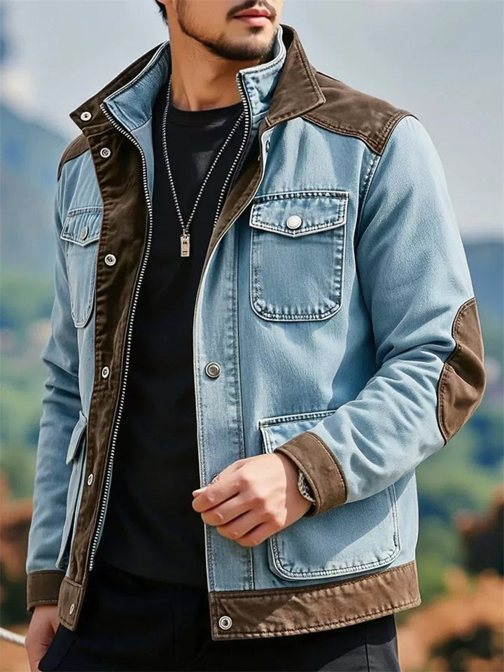 Men's Vintage Wash Slim Fit Casual Outerwear Patchwork Denim Jackets