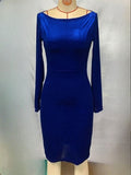 Ladies' Autumn Elegant Blue Sabrina Neck Knee Length Dress
