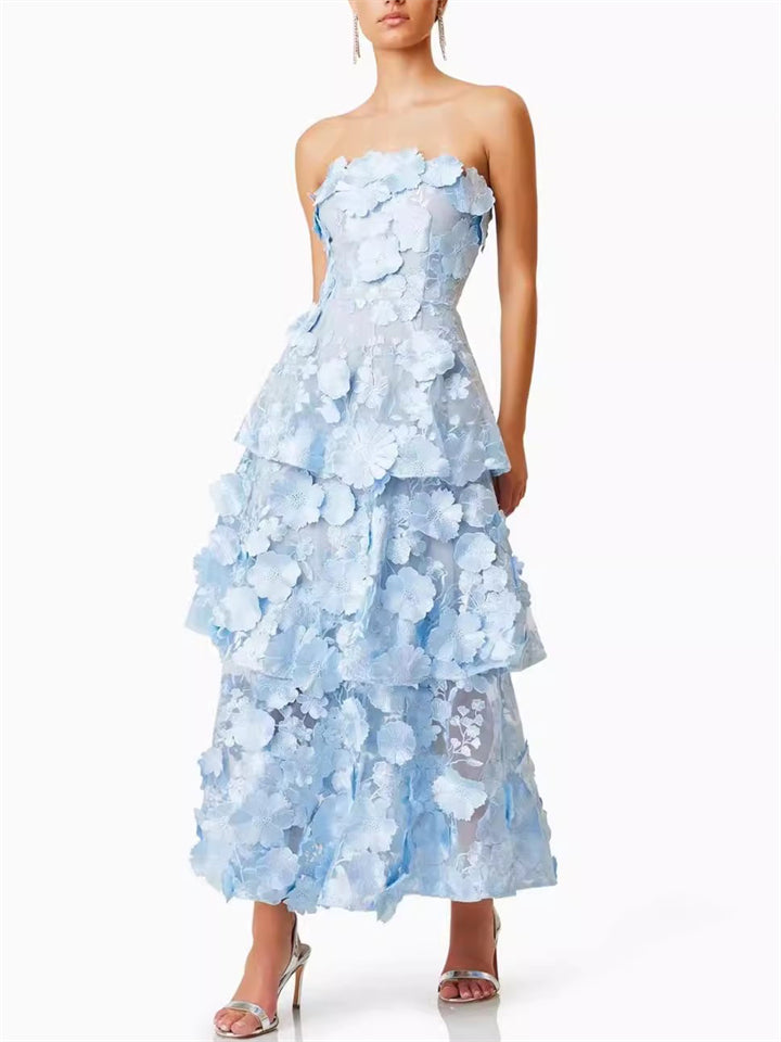 French Style Elegant 3D Embroidery Flowers  Strapless Dress for Lady