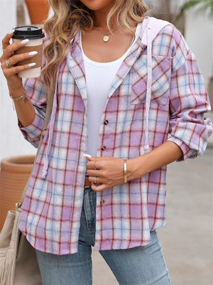 Women's Casual Contrast Color Plaid Long Sleeve Hooded Blouses