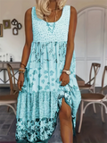 Women's Summer Printed Patchwork Round Neck Sleeveless Midi Dress