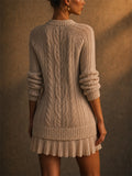 Women Soft Cable Knit Mini Sweater Dress With Pleated Hem