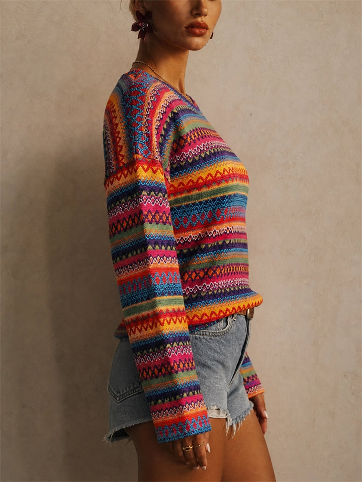 Womens Boho Rainbow Striped Geometric Crewneck Knit Top