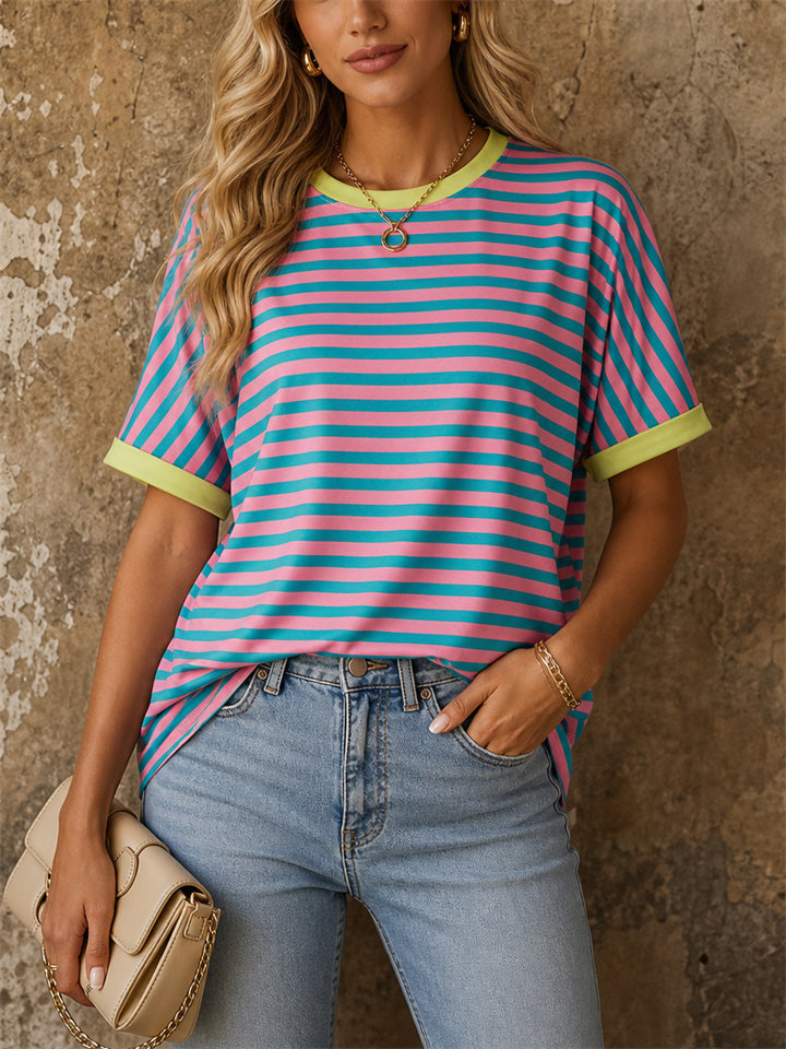 Womens Striped Colorful Oversized Short Sleeve Casual Tee