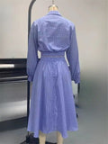 Ladies' 2Pcs Summer Trendy Blue Striped Long Sleeve Cropped Top & Skirt Set