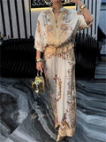 Women's 2Pcs Flowers Print Zip Up Drawstring Long Sleeve Shirt & Pants Set