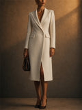 Womens Elegant White Double-Breasted Slim Fit Tailored Blazer Midi Coats