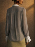 Womens Chic Sheer Shimmer Contrast Collar Cuff Pleated Blouse
