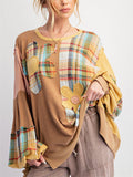 Women's Retro Waffle Patchwork Contrast Color Round Neck Sweatshirt