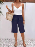 Female Solid Drawstring Knee Length Pants with Button Pocket