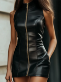 Women's All Black Slim Fit Zip Up Sleeveless Stand Collar Mini Dress