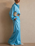 Women 2pcs Trendy Shiny Zip Up Top Wide Leg Pants Tracksuit Set