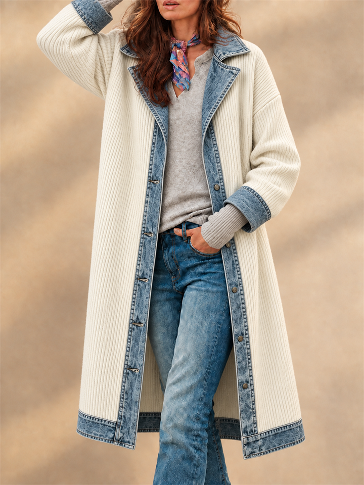 Women Casual Knit Denim Trim Long Cardigan Button Down Coat