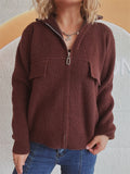 Women's Solid Color Zip Up High Neck Faux Pockets Cardigan Sweater