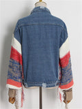 Trendy Contrast Color Knitted Sleeve Denim Patchwork Jacket for Women