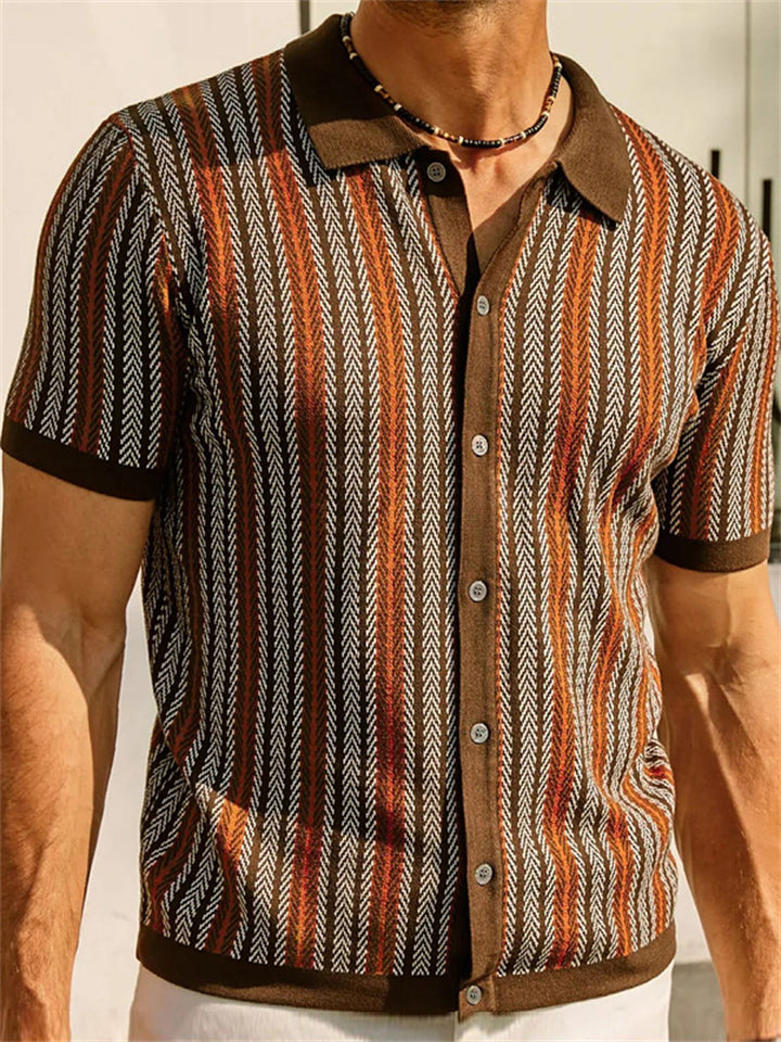 Men's Vintage Chevron Knit Short Sleeve Button Up Polo Shirts