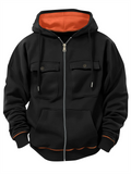 Men's Autumn Fleece Zipper Long Sleeve Cargo Pockets Cardigan Hoodie
