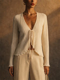 Women Sage Green Beige Plisse Tie Front Long Sleeve Cardigan Top
