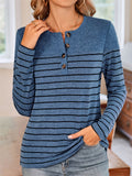 Women's Contrast Color Stripe Quarter Button Long Sleeve T-Shirt