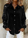 Autumn Velvet Sequin Sleeve Patchwork Button Up Casual Blouses for Women